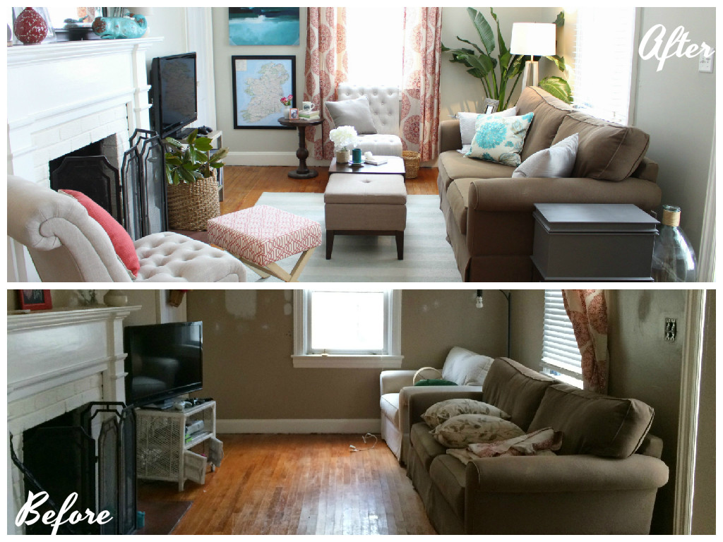 Before and After Coral and Teal Living Room Design