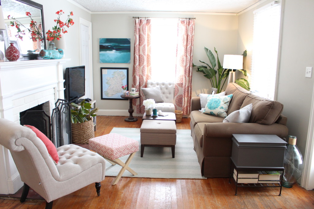 Colorful Living Room Renovation Coral and Teal