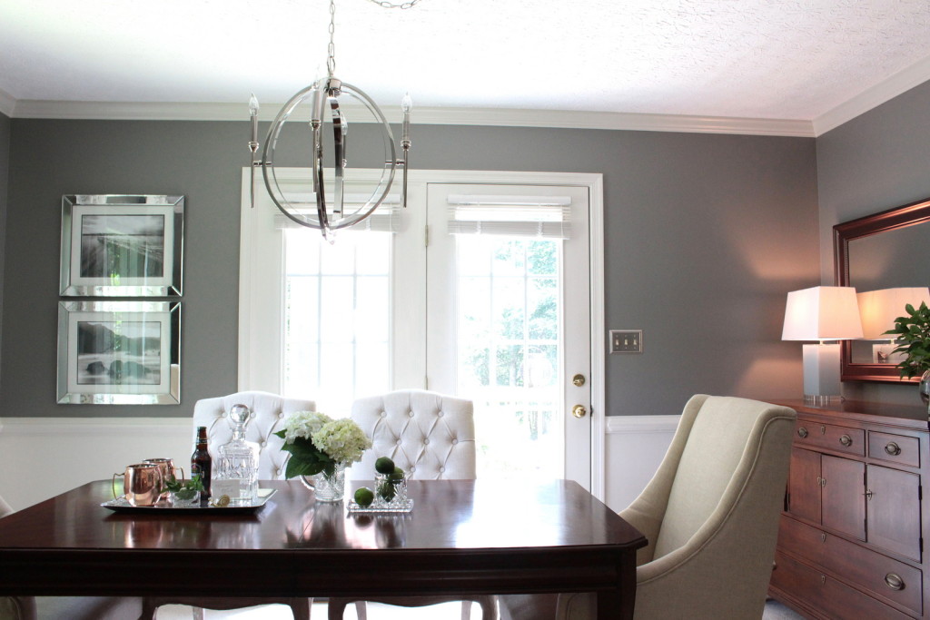 Modern Meets Classic Gray Dining Room.  Antique furniture - A Modern Chandelier - Linen Chairs - Before & After Photos!