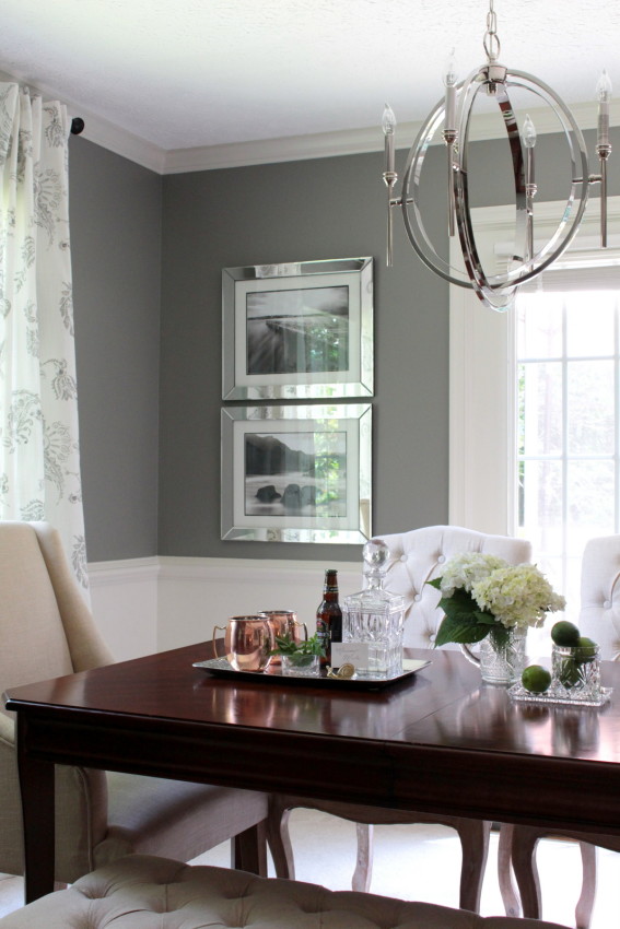 Modern Meets Classic Gray Dining Room.  Antique furniture - A Modern Chandelier - Linen Chairs - Before & After Photos!