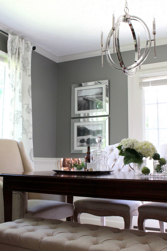 Modern Meets Classic Gray Dining Room.  Antique furniture - A Modern Chandelier - Linen Chairs - Before & After Photos!