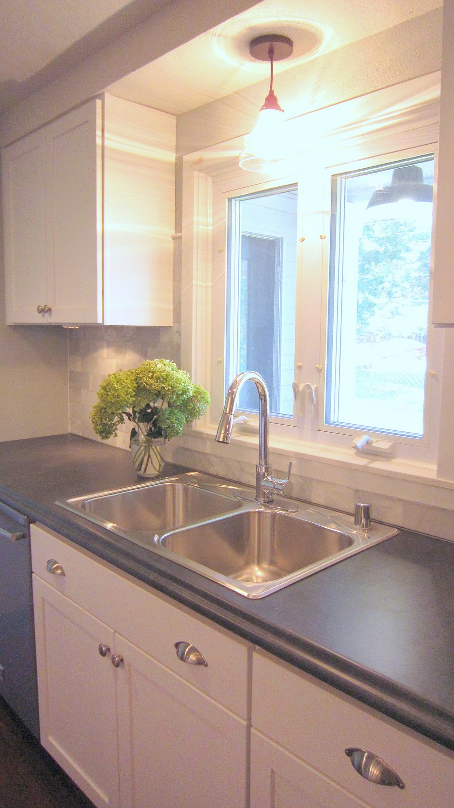 BEFORE & AFTER: Affordable Farmhouse Kitchen Renovation - Gray and White - Granite and Laminate Counters - Marble Backsplash